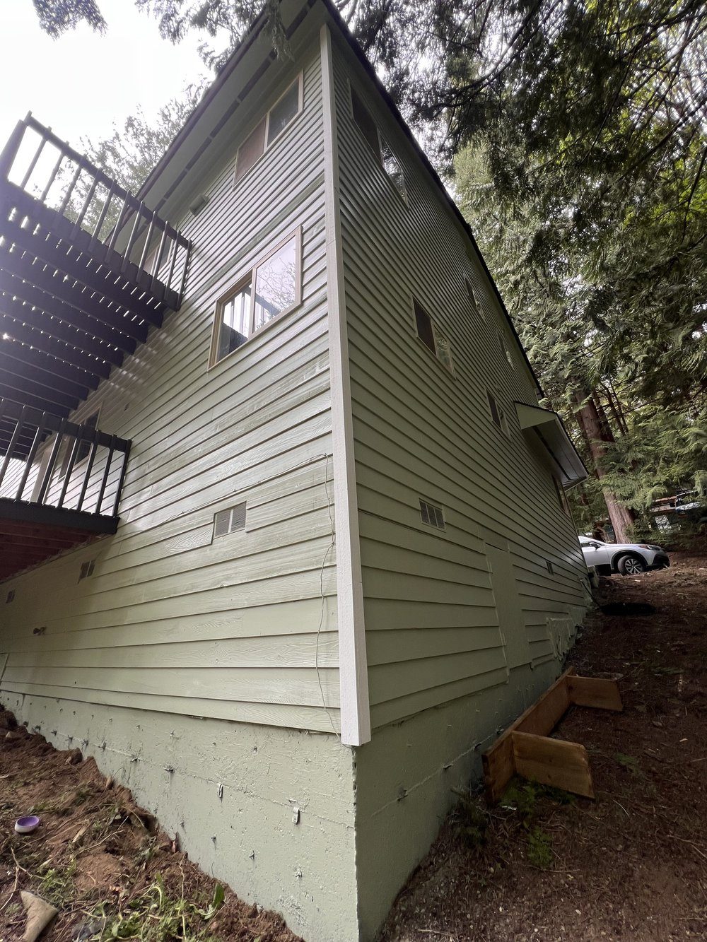 Green exterior siding beside white trim